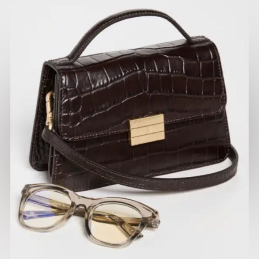 Frame Denim Brown Italian Embossed Croco Leather Top Handle Crossbody Bag